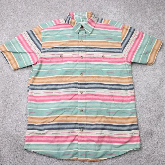 Orvis Shirt Mens Medium Green/Pink Striped 100% Cotton Short Sleeve Button - Picture 2 of 10